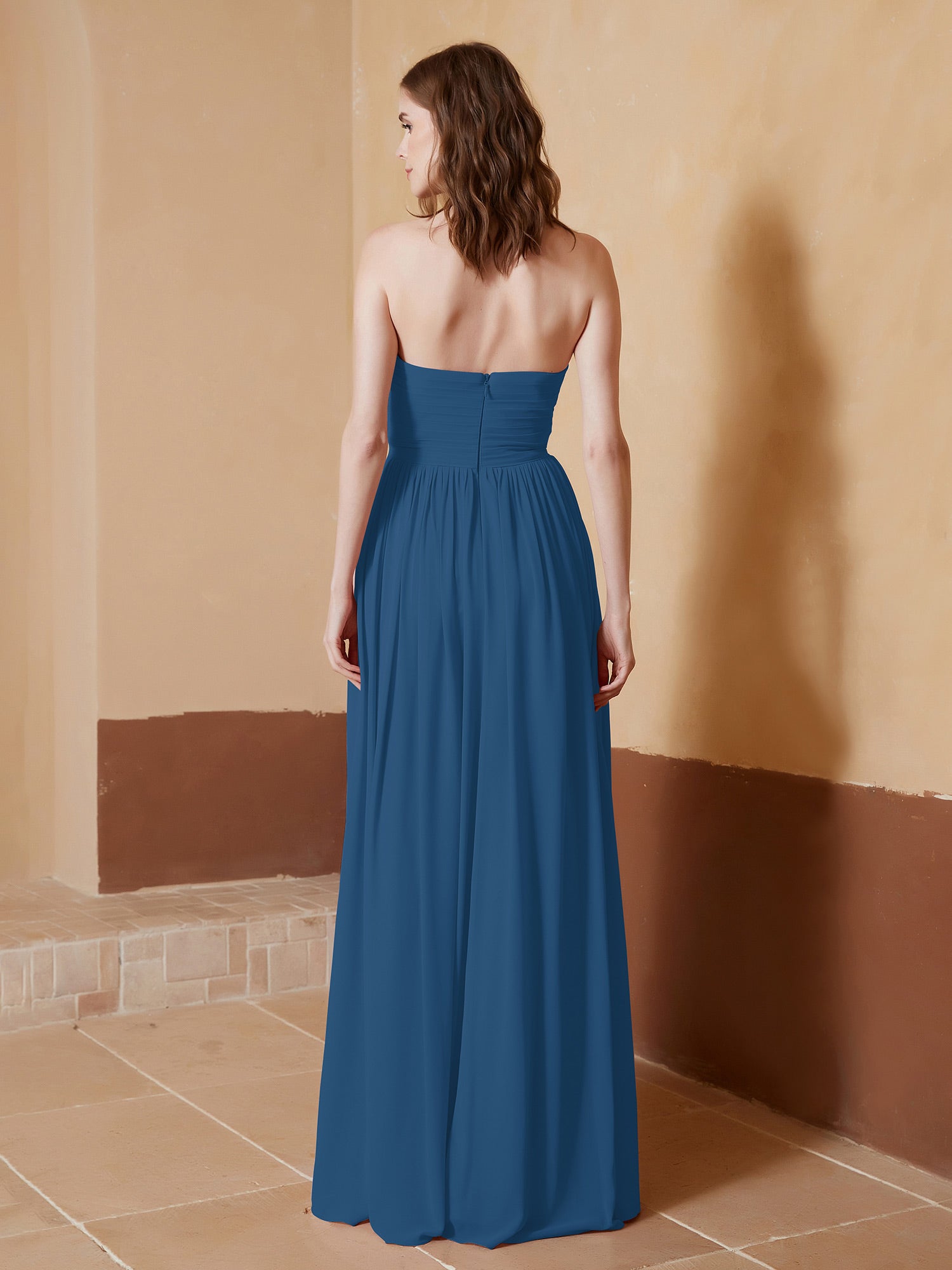 Strapless Chiffon Full Length Dresses Ink Blue
